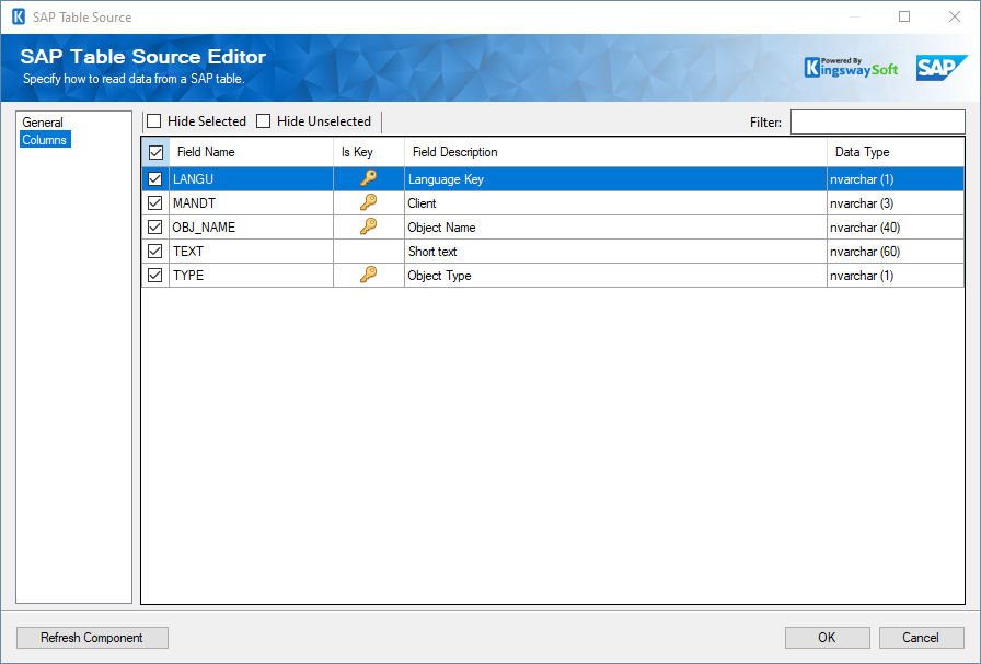 SSIS SAP Table Source Component - Columns Page